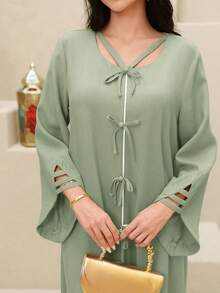 Yasmyna Women's Contrast Color Trim Bow Decor Elegant Long Sleeve Turkish Maxi Dress - Green - View 6