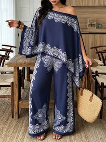 Weeklong Women's Plus Size Spring/Summer Vacation Casual Cape, One-Shoulder Shawl With Asymmetrical Hem, Paisley Print, Island Style 2-Piece Set Fall/Winter - Multicolor - View 3