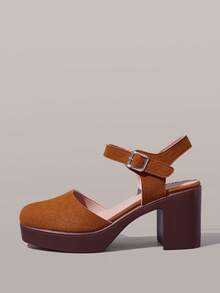 Styleloop Back Strap Thick Heel Sandals Women, Round Toe High Heels, Retro Versatile Commuter Toe Guards Women's Shoes - Brown - View 6