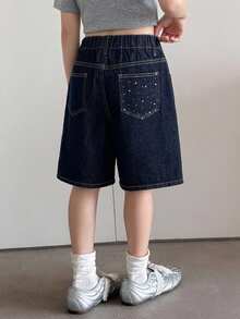 Dazy Kids Girls' Denim Jeans Spring/Summer New Style Back Pocket Rhinestone Flare Leg Jeans (Large) - Navy Blue - View 1