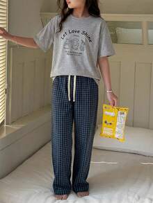 DAZY Tween Girls Crew Neck Printed Short Sleeve T-Shirt + Plaid Pajama Pants Set, Fall Outfit Summer - Dark Grey - View 2