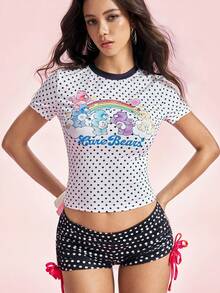 SHEIN X Care Bears Camiseta de manga corta con estampado de lunares y dibujos animados para mujer, - Blanco y Negro - Ver 4