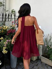 Sunnyshic Solid Color Pleated Bandeau A-Line Mini Dress - Burgundy - View 2