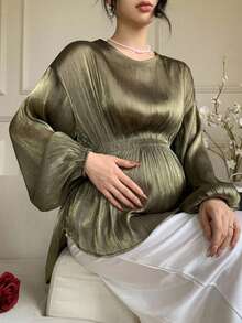 DAZY Chiffon Blouse Solid Color Shawl Design Asymmetrical Hem Elegant Commute Ruffle Waist Long Sleeve Maternity Top - Olive Green - View 1