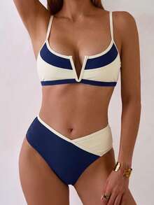 Costavie Minimalist Colorblock V-Neck Underwire Women's Top And Patchwork Multicolor High-Waist Triangle Bikini Bottoms 2-Piece Set - Navy Blue - View 5