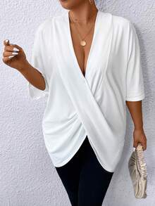 SHEIN Essnce Plus Size Women's Stretchy V-Neck White Short Sleeve Top, Casual, , Spring/Summer Fall - White - View 1