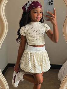 SHEIN Tween Girl Casual Polka Dot Ruffle Hem Shorts - Apricot - View 1