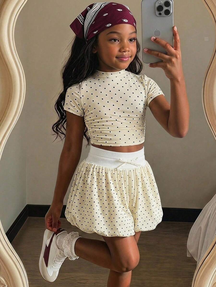 SHEIN Tween Girl Casual Polka Dot Ruffle Hem Shorts - Apricot - View 1