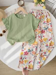 SHEIN 青少年女孩 T-Shirt 套裝 梭織純色荷葉袖 T-Shirt 與碎花長褲休閒套裝 - 綠色 - 查看 1