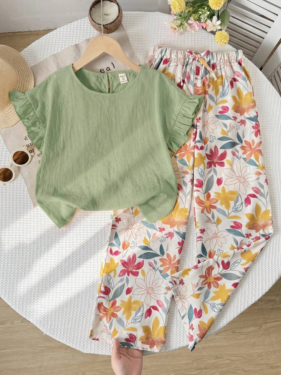 SHEIN 青少年女孩 T-Shirt 套裝 梭織純色荷葉袖 T-Shirt 與碎花長褲休閒套裝 - 綠色 - 查看 1