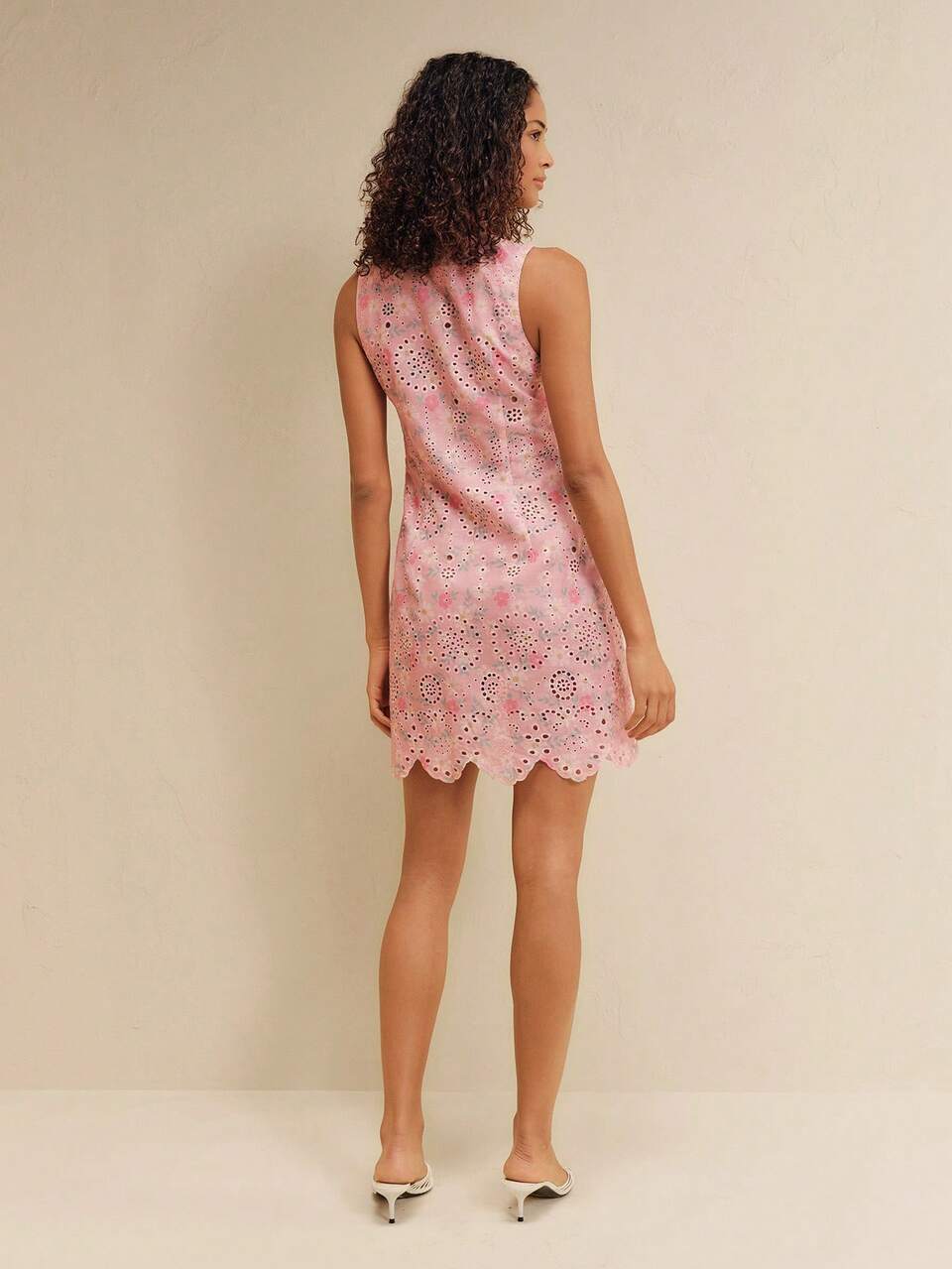 Embroidered Mini Dress With Pink Floral Print, Tied V-Neckline With A Scalloped Edge Summer Vacation