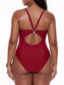 Oceva 2026 Spring/Summer New Plus Size One-Piece Solid Color Ruched Women's Swimsuit - Red - View 2