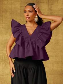 Vixey Top de tejido sólido con cuello en V, mangas de pétalos con volantes y bajo peplum - Morado - Ver 4