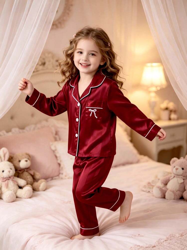 4-Season Young Girl Simple Fashionable Premium Red Pocket Bow Print Pattern Striped Long Sleeve Cardigan & Long Pants 2 Pieces Loungewear Set - Red - View 6
