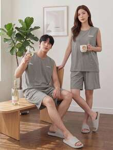 DAZY 男士夏季字母印花灰色背心和短裤休闲服套装睡衣 - 灰色 - 查看 11