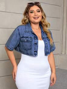 SHEIN ICON Plus Size Women's Single-Breasted Casual Versatile Everyday Denim Top - Dark Wash - View 5