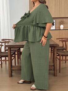 SHEIN CURVE+ Plus Size 3D Floral Decor Ruffle Hem Top And Loose Long Pants 2 Pieces Set - Army Green - View 5