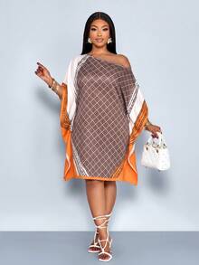 SOLERSUN 大尺碼女款春夏時尚優雅休閒度假長洋裝，無袖收腰V領A字裙，綠色幾何印花（隨機圖案），適合度假島嶼旅遊、熱帶度假日常穿搭、購物休閒洋裝、度假洋裝 - 棕色 - 查看 3