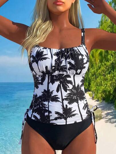 Swim Lushoire Conjunto de top de tirantes anchos con estampado de palmera de coco, fruncido lateral con cordón ajustable y Bottom de baño negra para mujer, ideal para vacaciones de verano en la playa