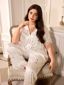 SHEIN Plus Size Elegant Faux Silk Floral Leopard Print Jacquard Contrast Lace Pajama Set - White - View 6