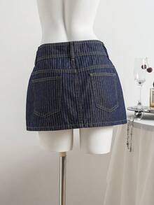 Elamini Festival Size Denim Women's Summer Blue Non-Stretch Striped Mini Skirt - Medium Wash - View 2