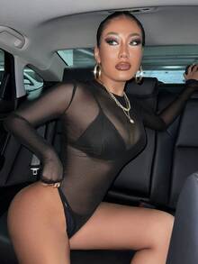 SHEIN SXY 透視網紗連身背心不附內衣 - 黑色 - 查看 5