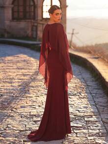 Aureia Elegantes luxuriöses Damen-Abendkleid in Ancara-Rot, elastischer Strick- und Chiffon-Patchwork, handgefaltete Taillendekoration, Meerjungfrau-Schleppe - Kaffeebraun - Übersicht 4