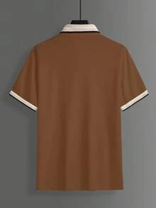 Calvornis Men's Beaded Ribbed Collar Embroidered Short Sleeve Casual Polo Shirt - Rust Brown - View 2