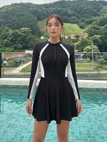 DAZY 女款度假風拼色落肩長袖前開拉鍊休閒連身泳衣 - 黑色 - 查看 3