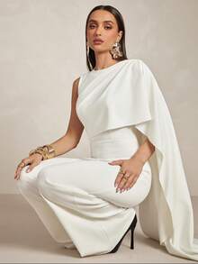 Silquee Women's Asymmetrical Shawl Collar Ribbon Round Neck Jumpsuit, Spring/Summer - Apricot - View 7