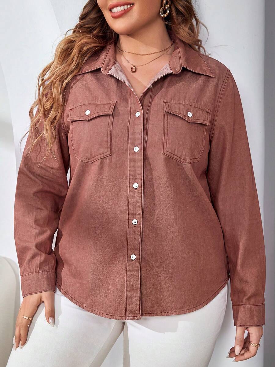EMERY ROSE Top de mezclilla casual versátil de uso diario con un solo pecho para mujer de talla grande - Burdeos - Ver 1