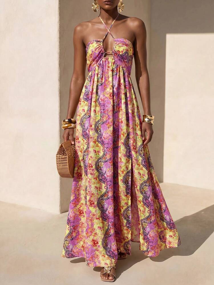 Zivah New Summer Boho Casual Vacation Western Nomadic Print Halter Neck Cutout Crossover A-Line Silhouette Slits Women Maxi Dress. Suitable For Vacations, Music Festivals, Travel, Everyday Outings, Beach, Parties, Western Style, Nomadic Style, Airport Outfits, Brunch Outfits,Casual,Wedding Guest Attire - Multicolor - View 1