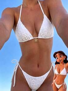 Swim Mod 2pcs/Set Solid Color Sunflower Fabric Triangle Halter Front Chest Fashion Metal Flower Decor Cute Influencer Vacation Bikini Swimwear For Women - White - View 1