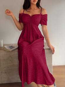 Dream Adore Women's Cute Classy Elegant Off-Shoulder Bowknot Strap Nightgown Sleep Home Black Polka Dot Summer - Red - View 5
