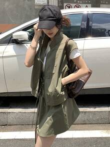 DAZY 女款無袖背心與裙子純色韓風兩件套夏季居家休閒套裝 - 軍綠色 - 查看 1