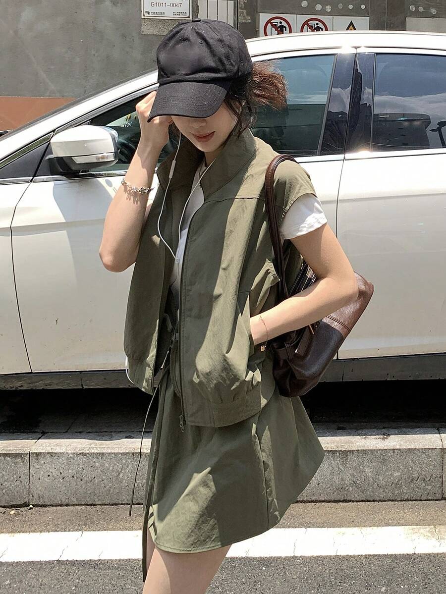DAZY 女款無袖背心與裙子純色韓風兩件套夏季居家休閒套裝 - 軍綠色 - 查看 1