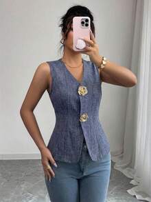 SHEIN Raffinéa 女款V領修身背心上衣，金色玫瑰鈕扣裝飾 - 紫色 - 查看 3