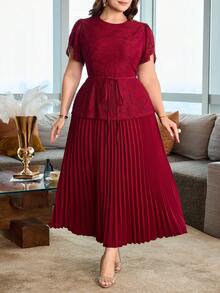 Modelyn Plus Size Women's Round Neck Lace Waist Tie Pleated Casual Date Outing Summer Dress - Burgundy - View 5