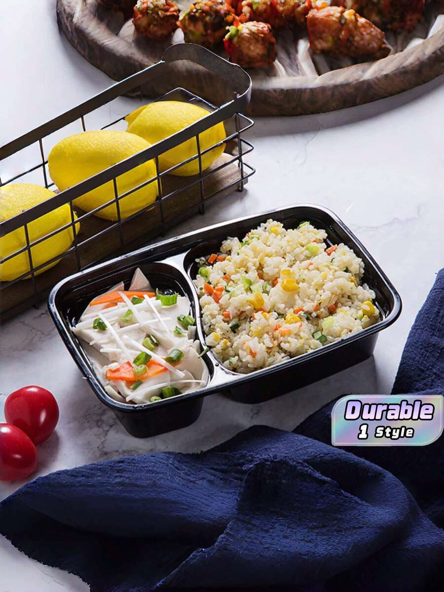 Set Of 10/20/50 Reusable Double-Compartment Lunch Boxes With Lids, Sturdy And Leak-Proof, Microwave, Freezer, Portable For Takeout, Black - Black - View 1