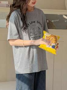 DAZY Tween Girls Crew Neck Printed Short Sleeve T-Shirt + Plaid Pajama Pants Set, Fall Outfit Summer - Dark Grey - View 4