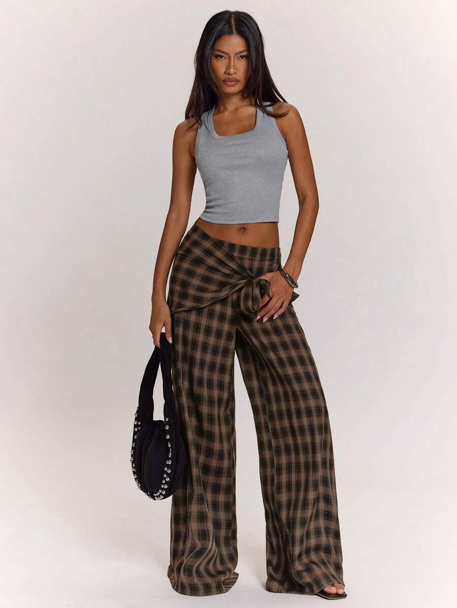 SHEIN BAE Women's Daily Wear Versatile Brown Checkered Plaid Scarf-Style Loose Wide Leg Long Pants/Work Going Out Long Pants/Outdoor/Airport/Vintage Autumn - Brown - View 1