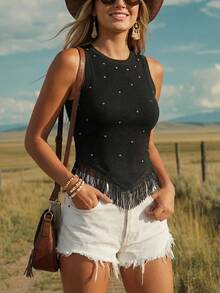 Wildy Áo crop top đen đính đinh tua rua phong cách BOHO mùa hè, lễ hội âm nhạc Western, du lịch, concert Western, rave mùa hè châu Âu - màu đen - Xem 3