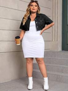 SHEIN ICON 大尺碼夏季休閒短版牛仔上衣 - 黑色 - 查看 5