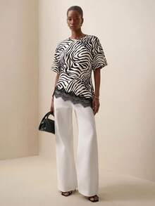 Briarwyn Atasan Wanita Motif Zebra dengan Patchwork Renda dan Hem Asimetris - MultiWarna - View 4