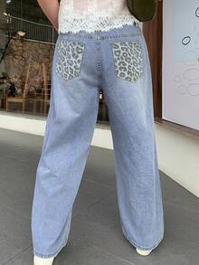 Dazy Plus Celana Jeans Panjang Kasual Longgar Motif Leopard dengan Saku Belakang, Ukuran Plus untuk Wanita, Atasan Lucu untuk Semua Musim - Medium Wash - View 7