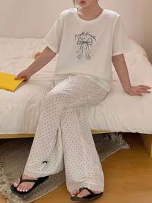 Dazy Plus Bow Print White Short Sleeve Top & Polka Dot Long Pants Cute Spring/Summer Pajama Set - White - View 4
