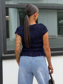 SAYEHFBABY Women Plain Color Ruched Slim Fit Casual Elegant Top, Summer Brunch Navy Blue - Navy Blue - View 3