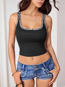 SHEIN Women's Black Fashion Leopard Print Trim Cropped Fitted Camisole, Slimming Sexy Versatile Casual Summer Spaghetti Strap Tank Top - Black - View 3