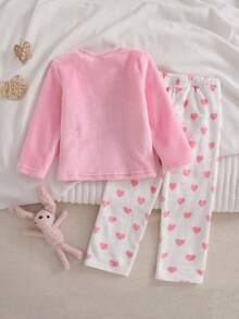 Girls' 2pcs Soft Skin-Friendly Plush Bow & Heart Embroidered Long Sleeve & Pants Loungewear Set Crew Neck Knit Print Embroidery Autumn/Winter - Pink - View 4