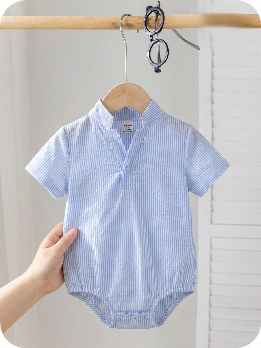 SHEIN Baby Boy Baby Girl Casual Daily Small Stand Collar Button-Up Romper Suitable For Spring And Summer Outings - Blue - View 1